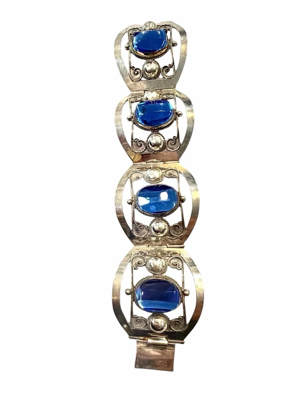 Vintage Taxco Mexico 925 Sterling Silver Blue Glass Panel Bracelet 1950s 42g